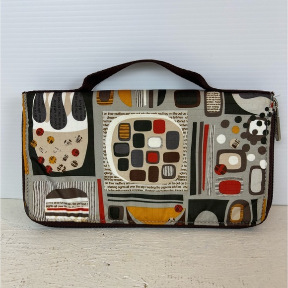 LeSportsac Brown Nylon Wallet Travel Wallet with Handle Geometric Zip Around 9" - Picture 3 of 9